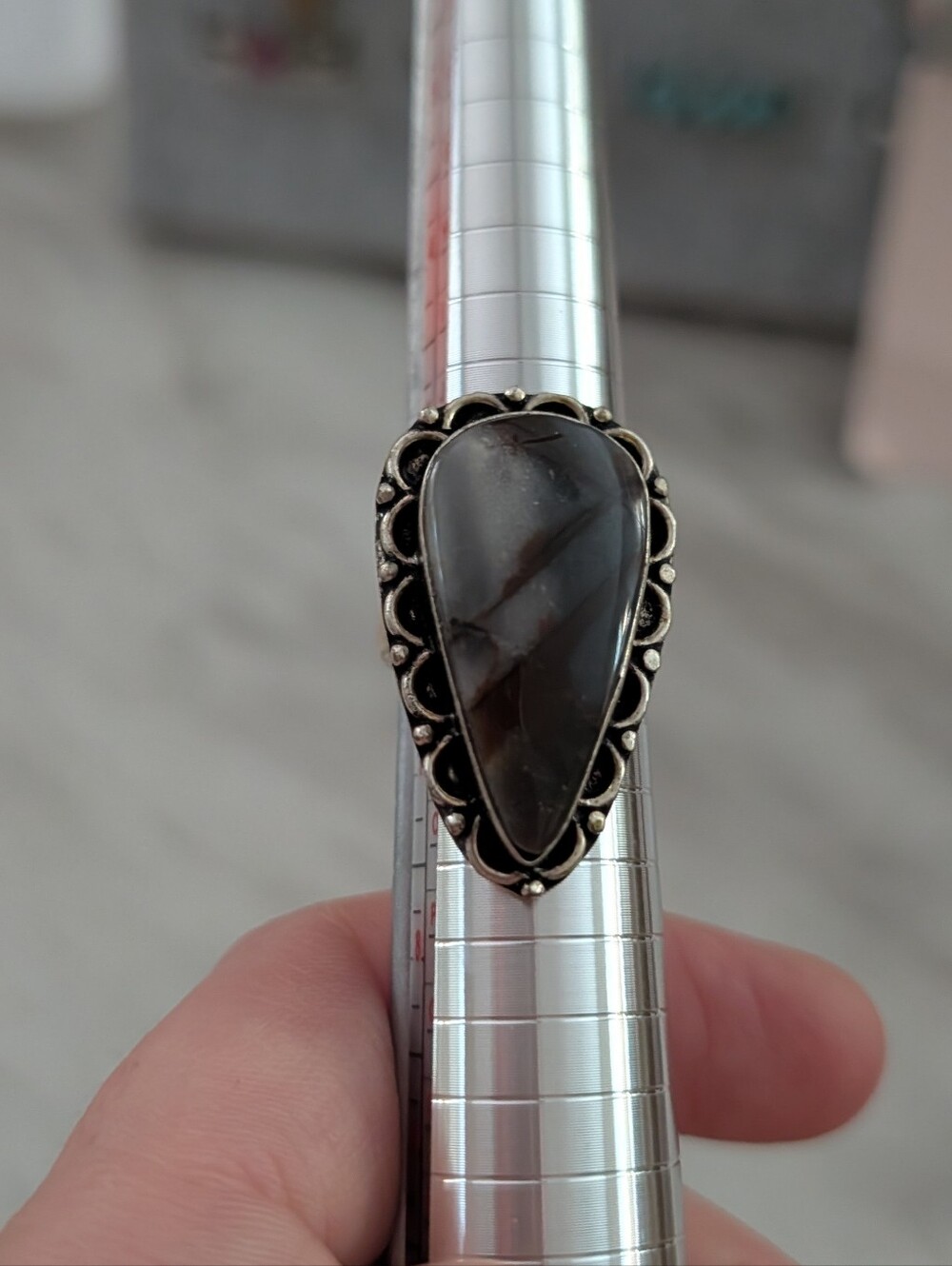 925 Sterling Silver Gray Jasper Teardrop Statement Ring Size 6.5 Southwestern